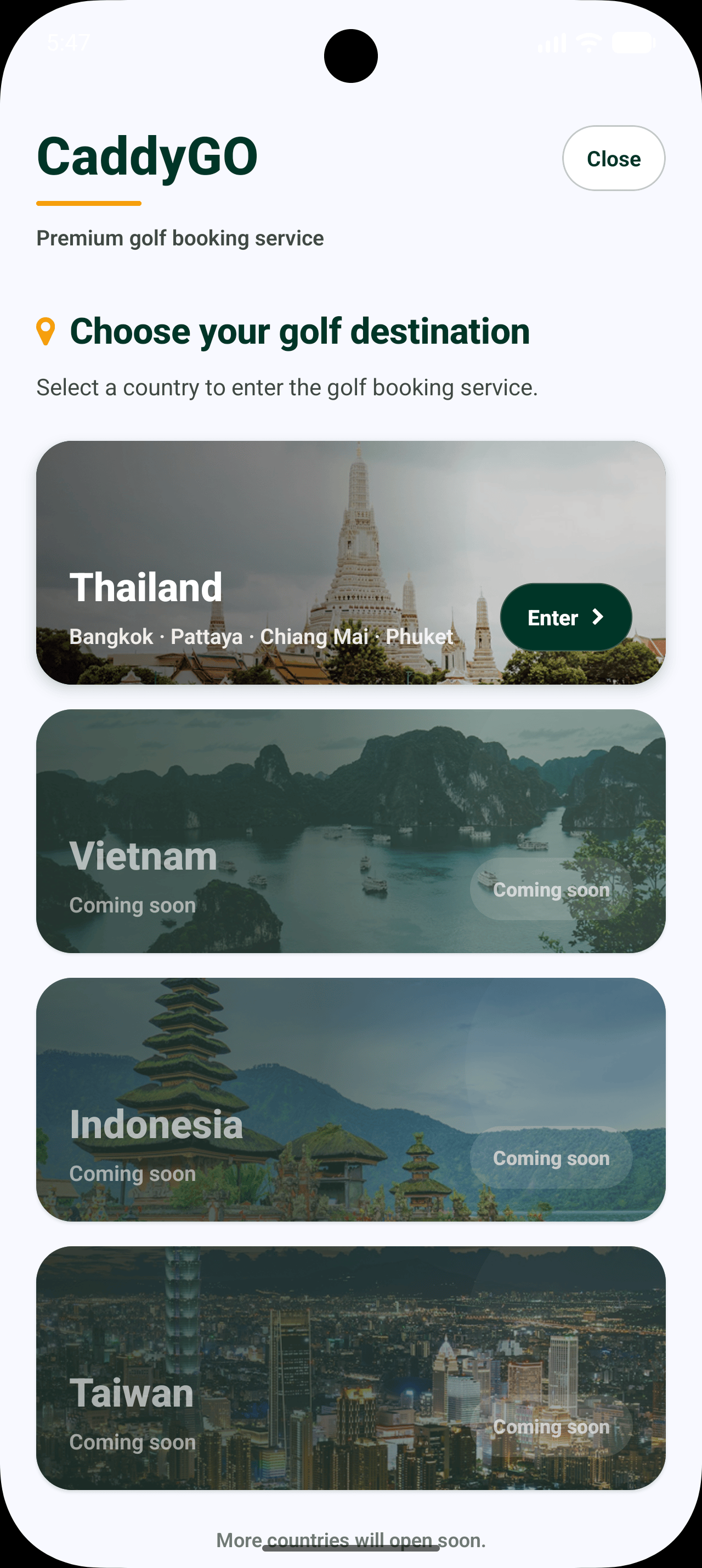 CaddyGO golf course search screen