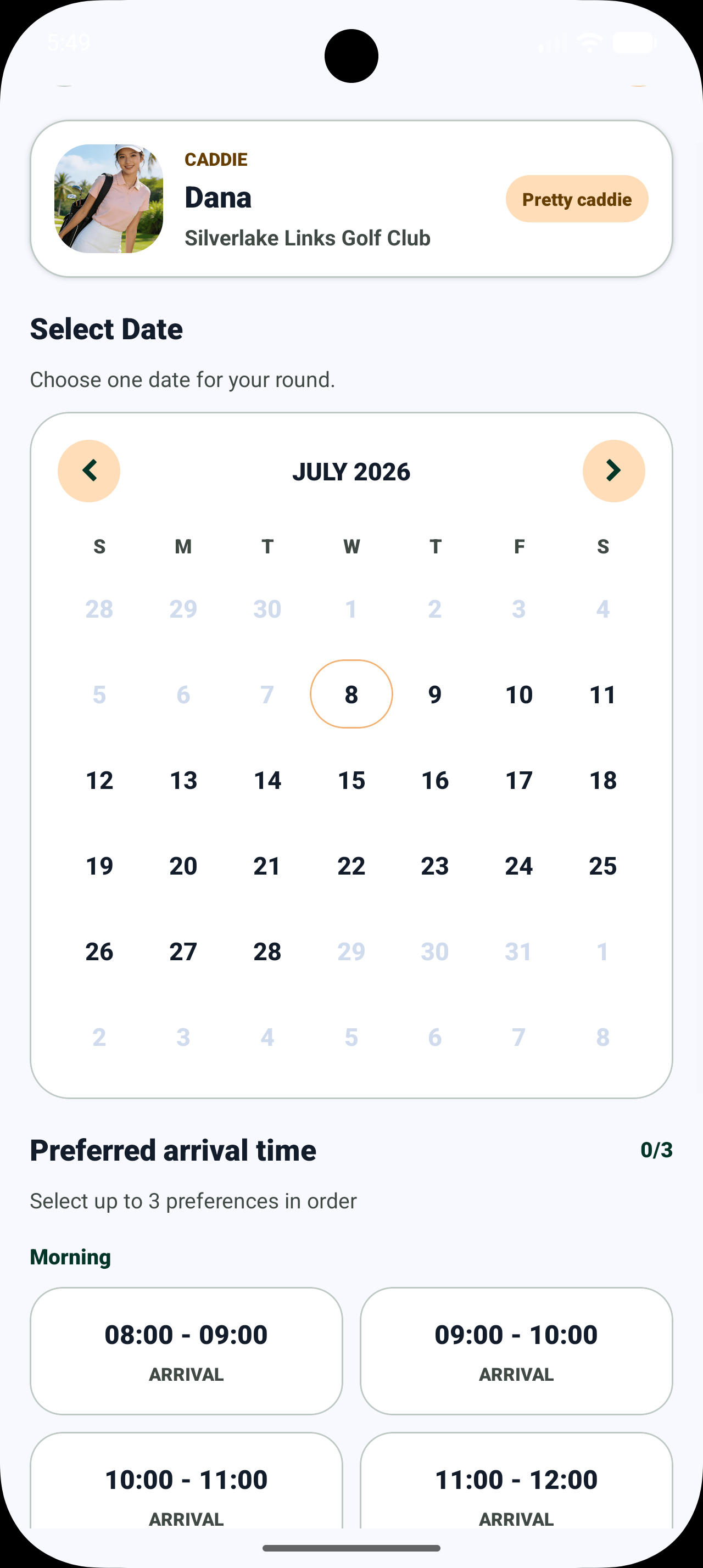 CaddyGO caddie request screen